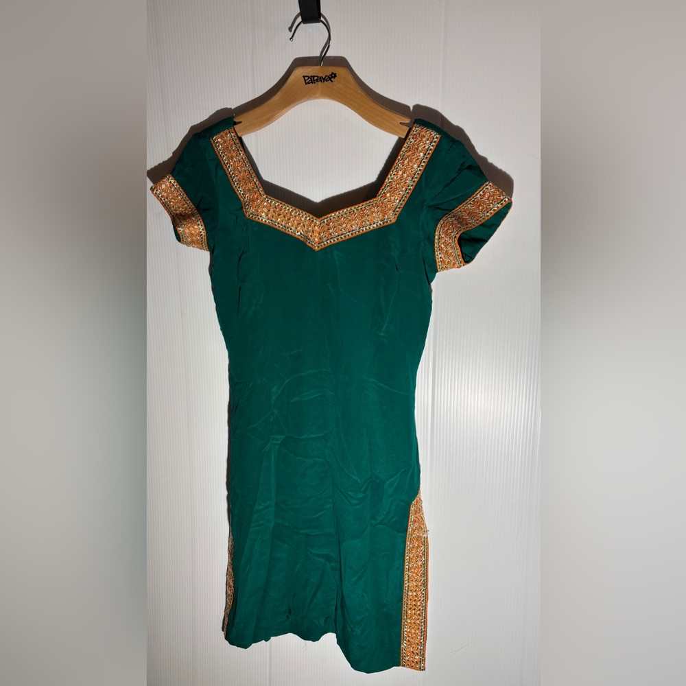 Green Gold Embroidered Indian Dress Tunic Small